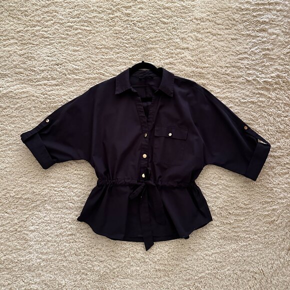 ZARA NAVY POPLIN SAFARI SHIRT SZ L - Picture 2 of 3